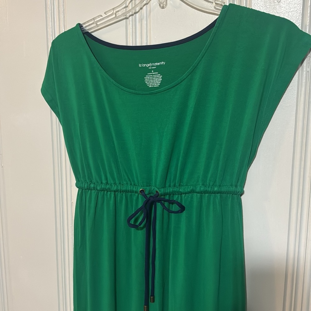 Green & Navy Color Block Maternity Dress w/ Elastic & Drawstring Waist - Small - Picture 2 of 6